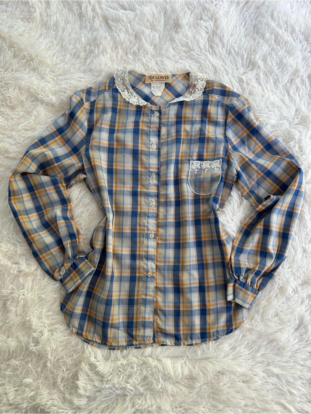 Vintage Tea Leaves Plaid Lace Collar Blouse Small